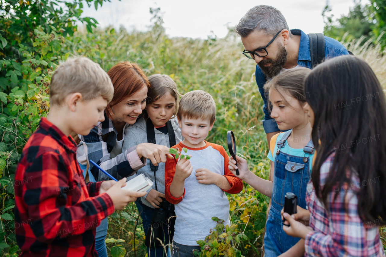 Young students learning about nature, forest ecosystem during biology field teaching class, observing wild plants. Dedicated teachers during outdoor active education. Teachers' Day.