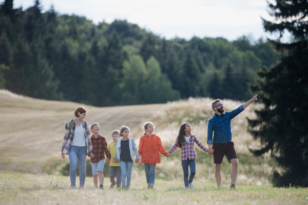 Young students walking across meadow during biology field teaching class, holding hands. Dedicated teachers during outdoor active education teaching about ecosystem and nature.