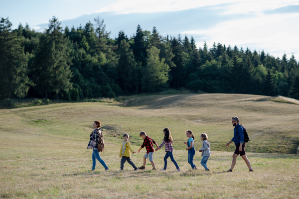 Young students walking across meadow during biology field teaching class, holding hands. Dedicated teachers during outdoor active education teaching about ecosystem and nature.