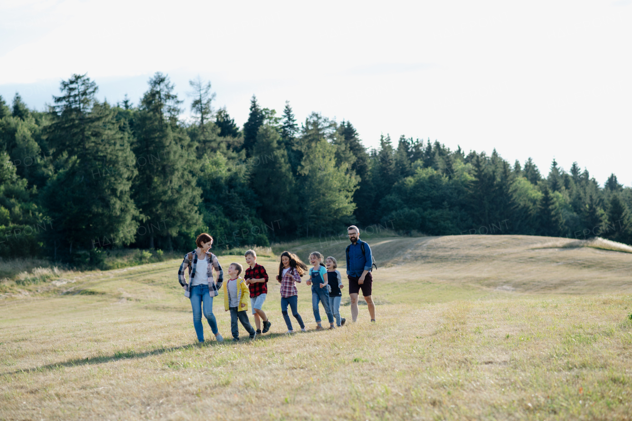 Young students walking across meadow during biology field teaching class, holding hands. Dedicated teachers during outdoor active education teaching about ecosystem and nature.