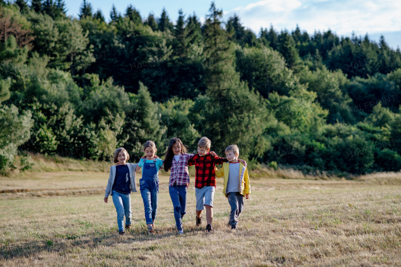 Portrait of young classmates, students during biology field teaching class, walking across meadow. Learning about ecosystem, ecology and nature.