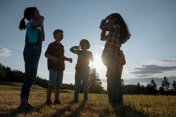 Portrait of young classmates, students during biology field teaching class, walking across meadow. Learning about ecosystem, ecology and nature.