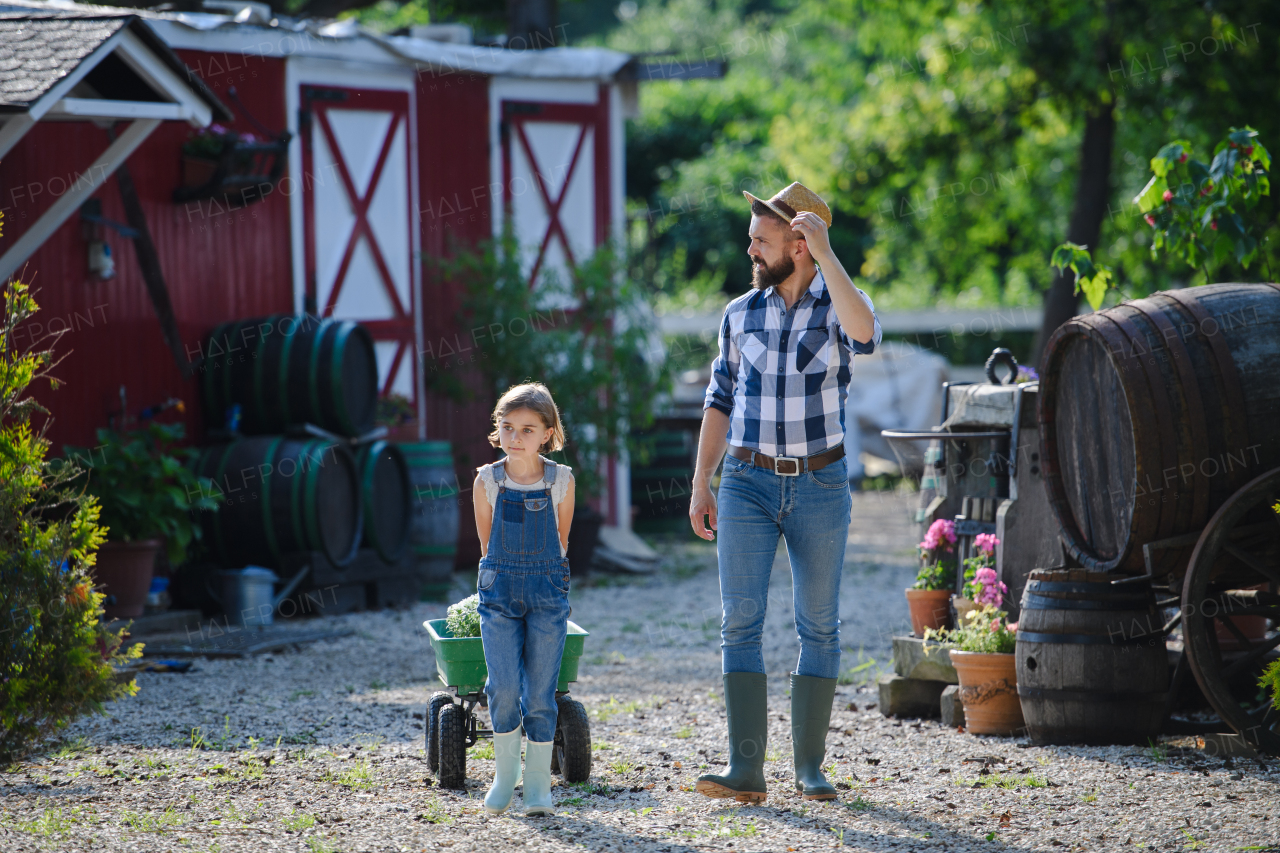 Farmer family, father and young daughter walking across family farm. Concept of multigenerational farming.