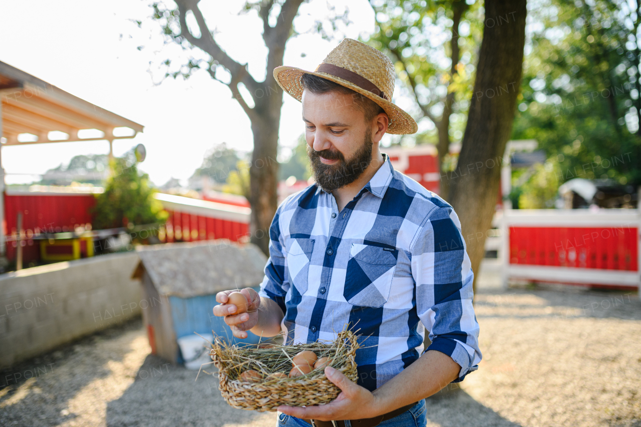 Portrait of handsome farmer holding basket full of chicken eggs, man working on family farm.