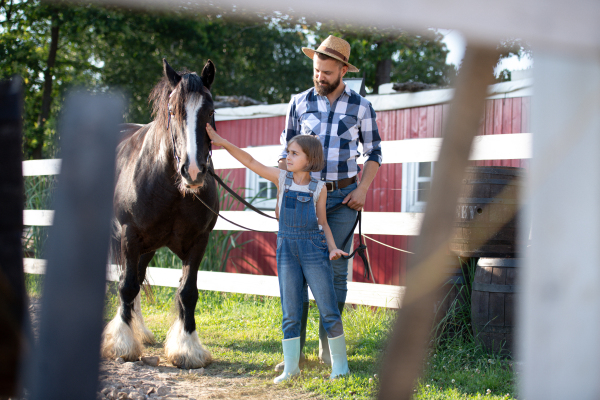 Portrait of a father and young daughter taking care of a horse on a farm, leading it to the paddock. Concept of multigenerational farming.