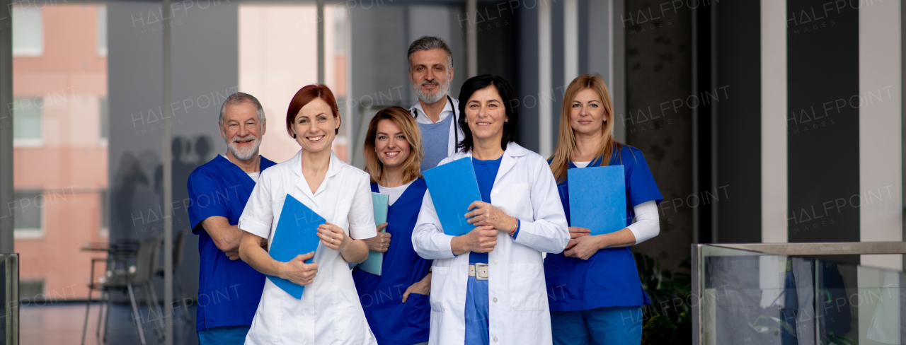 Portrait of team of doctors. Healthcare team with doctors, nurses, professionals in medical uniforms in hospital, modern clinic.