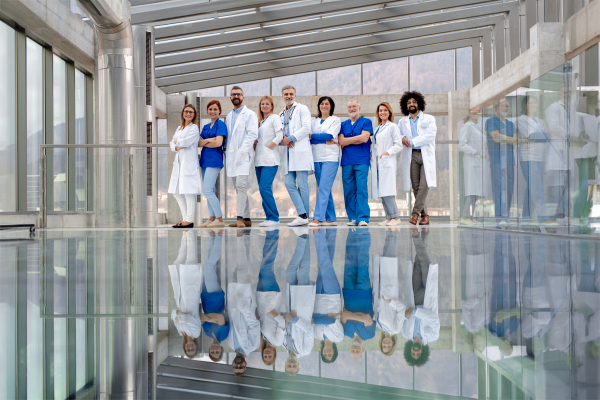 Portrait of team of doctors, full length with reflection. Healthcare team with doctors, nurses, professionals in medical uniforms in hospital, modern clinic.