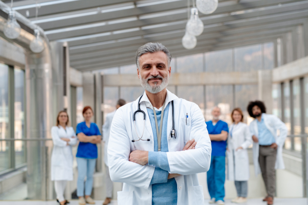 Portrait of team of doctors. Healthcare team with doctors, nurses, professionals in medical uniforms in hospital, modern clinic.