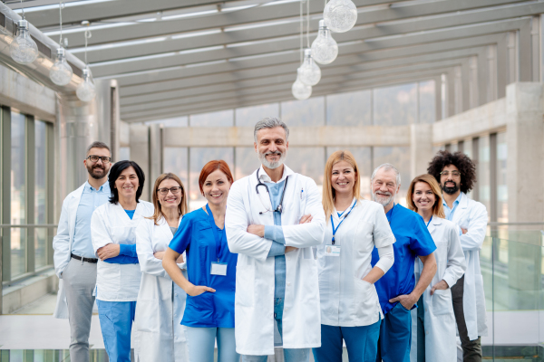 Portrait of team of doctors. Healthcare team with doctors, nurses, professionals in medical uniforms in hospital, modern clinic.