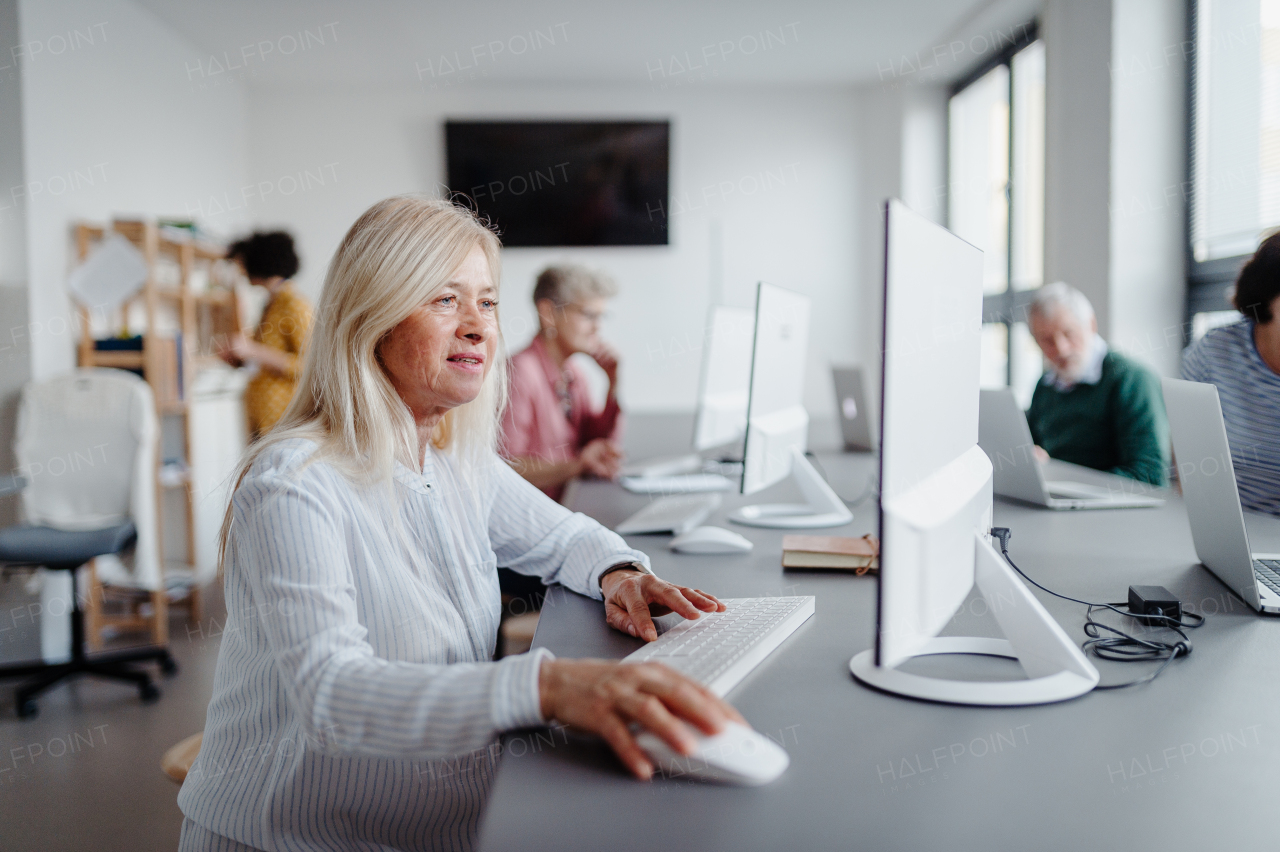 Portrait of female senior student learning how to work with digital technology. Elderly people attending computer and technology education class.