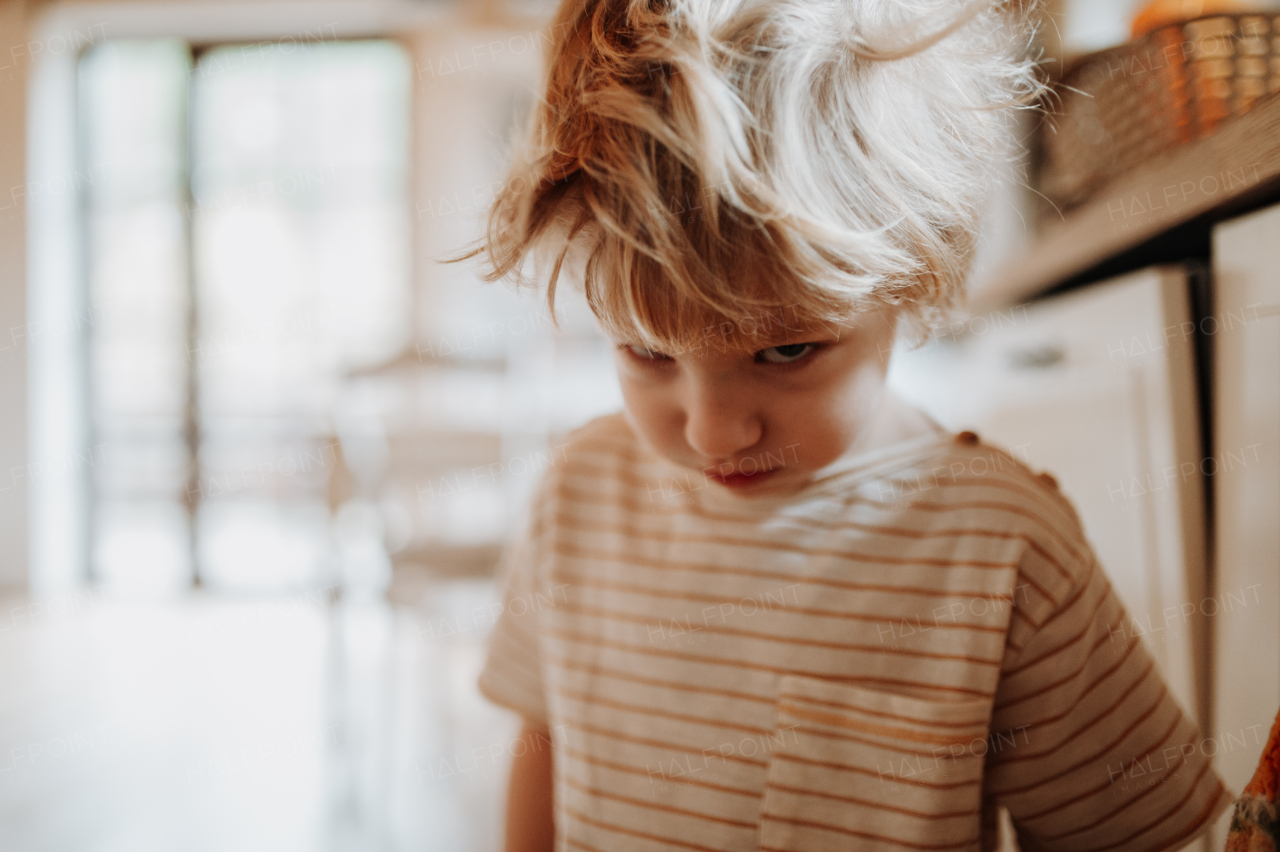 Portrait of adorable little boy is tousled and sleepy in the morning, standing in the kitchen