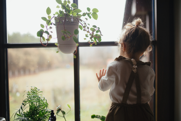 Portrait of an adorable little girl sitting on kitchen counter, looking out of window.