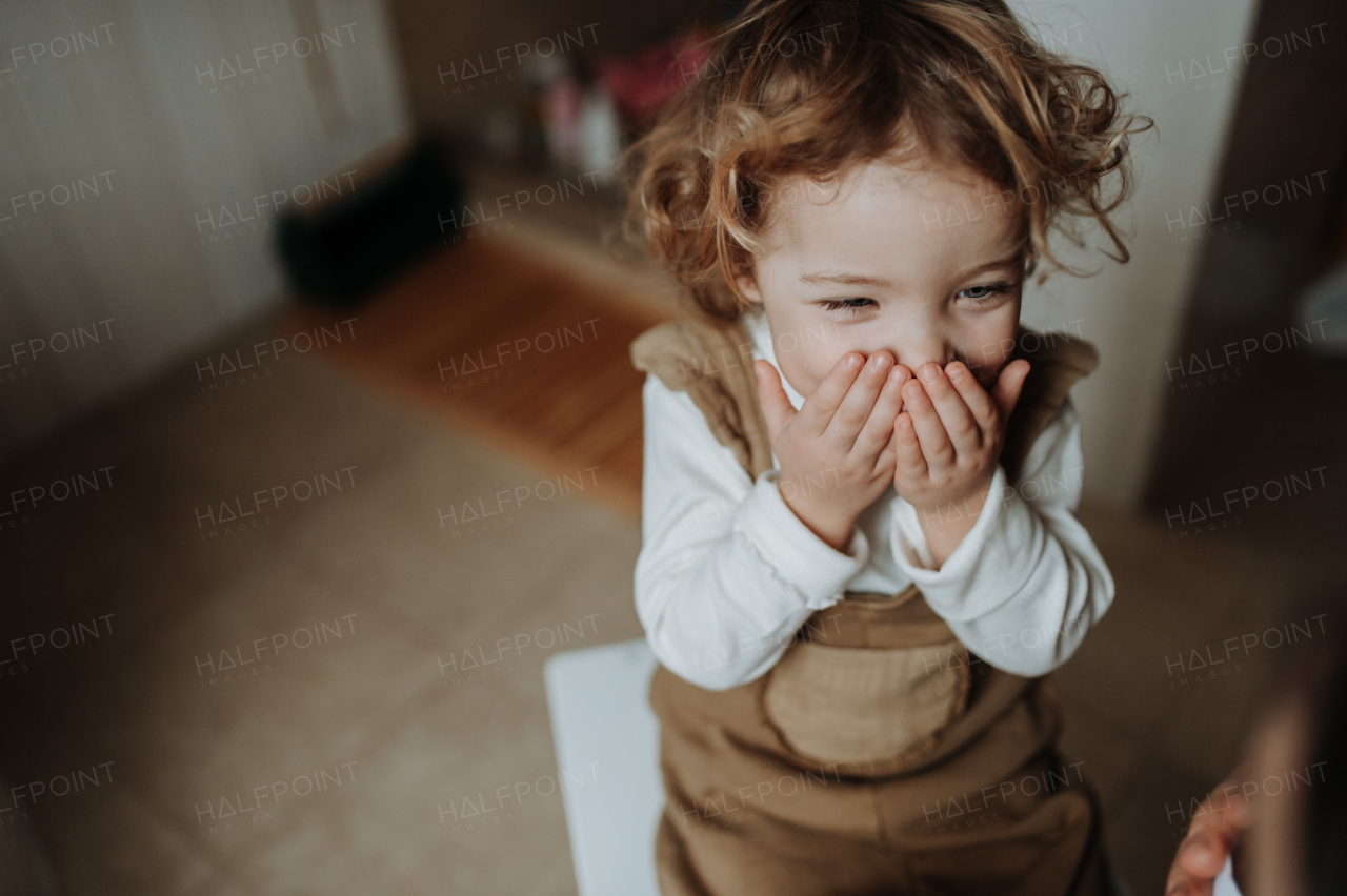 Portrait of an adorable little girl laughing, covering her smile with hands