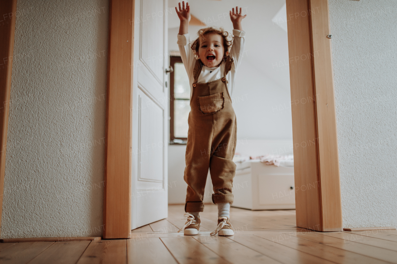 Portrait of an adorable little girl jumping in door frame