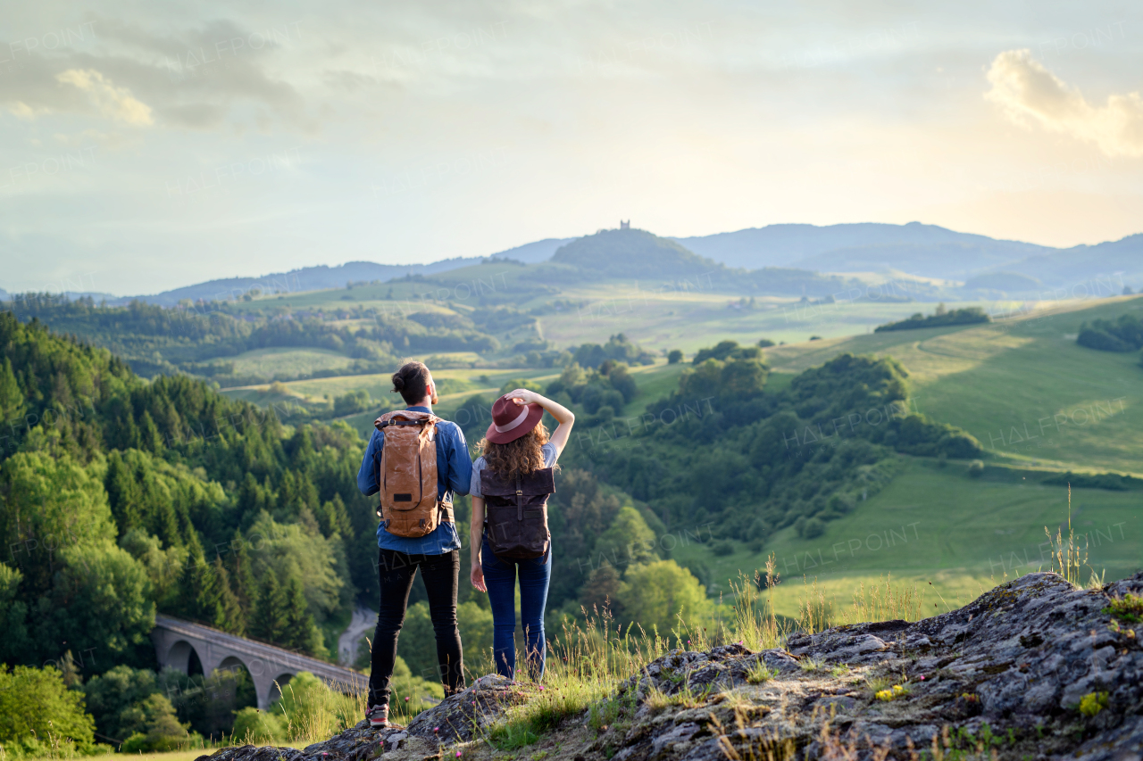 Travellers couple hiking on easy trail in nature with backpacks. Young tourist resting, enjoying breathtaking view. Romantic summer vacation oudoors. Rear view.