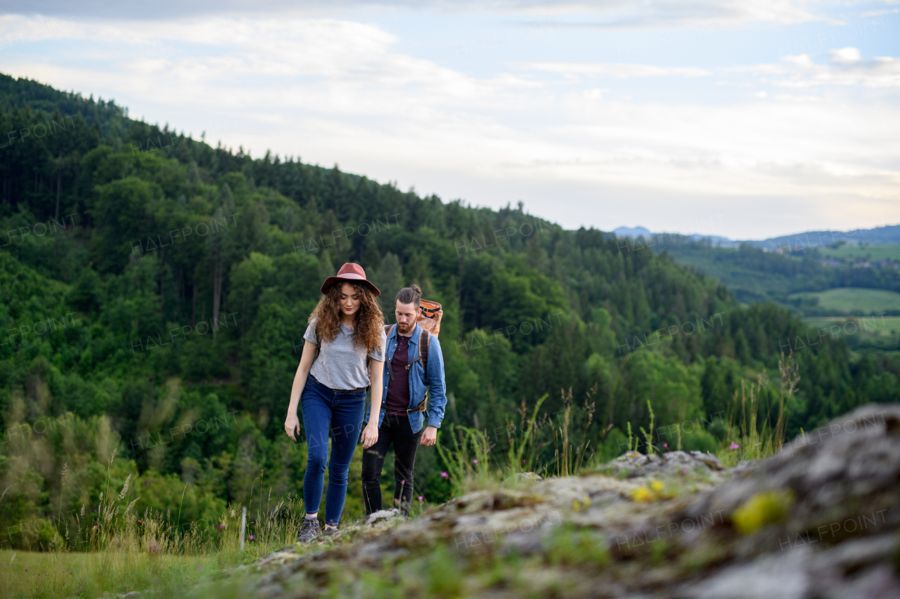 Travellers couple hiking on easy trail in nature with backpacks. Young tourist resting, enjoying breathtaking view. Romantic summer vacation oudoors. Rear view.