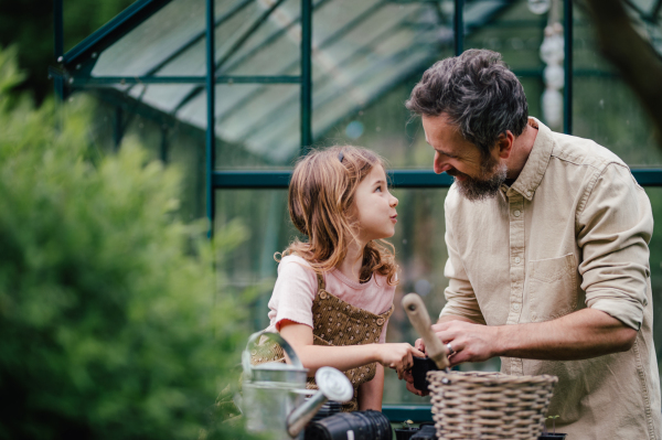 Fater and girl working together in garden, planting seedlings, spending time togeter, have a shared hobby. Fatherhood and Father's Day concept.