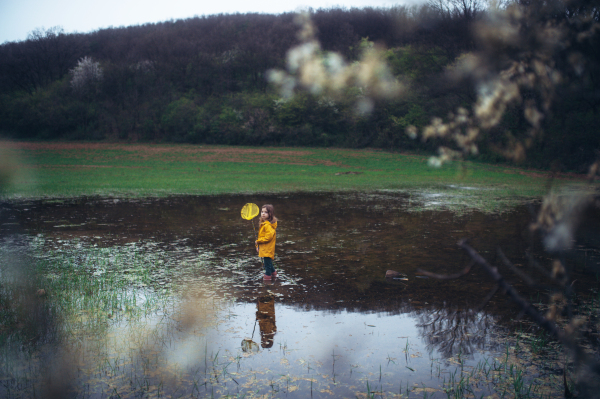 Little girl standing in a shallow marsh with a fishing net, catching frogs. Concept of spring and outdoor fun for child.