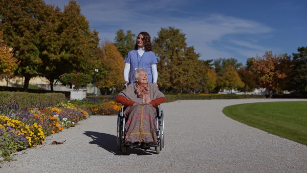 Disabled elderly woman in wheelchair on walk in park during warm autumn day. Young nurse pushing wheelchair, talking with senior woman.