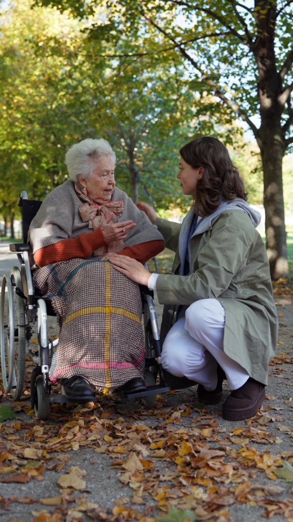 Disabled elderly woman in wheelchair talking with nurse, sharing her problems with female caregiver.