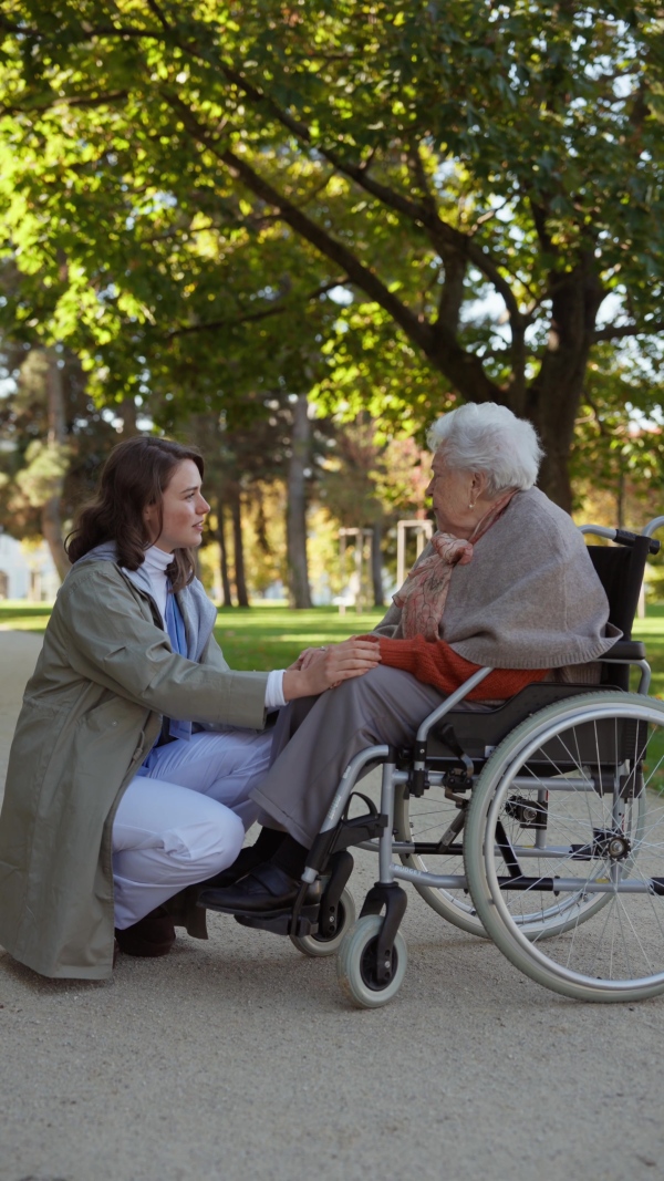 Disabled elderly woman in wheelchair talking with nurse, sharing her problems with female caregiver.