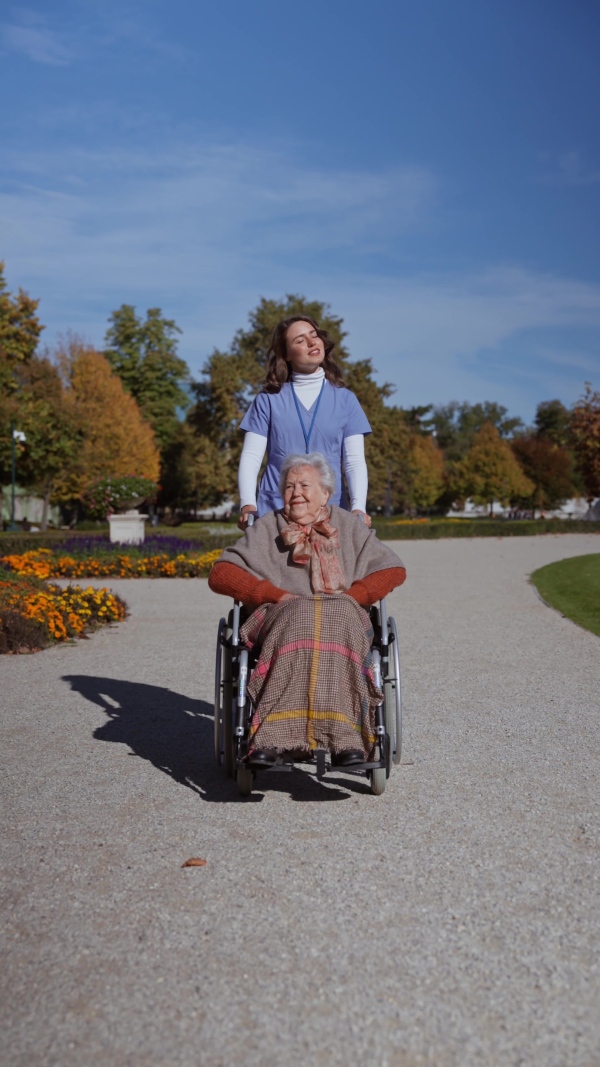 Disabled elderly woman in wheelchair on walk in park during warm autumn day. Young nurse pushing wheelchair, talking with senior woman.