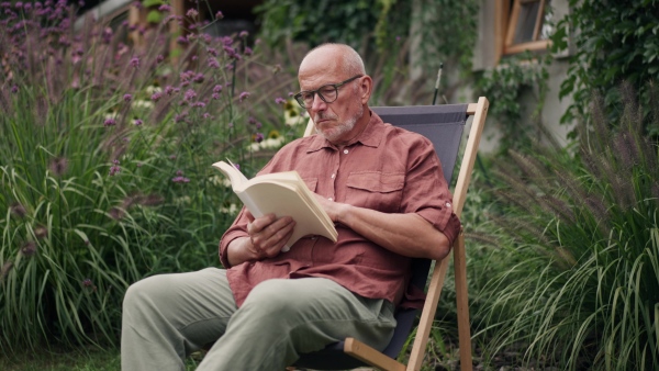 A mature man is enjoying peaceful moment in the garden, sitting on folding chair, reading book. Concept of hygge and slow life for senior people.