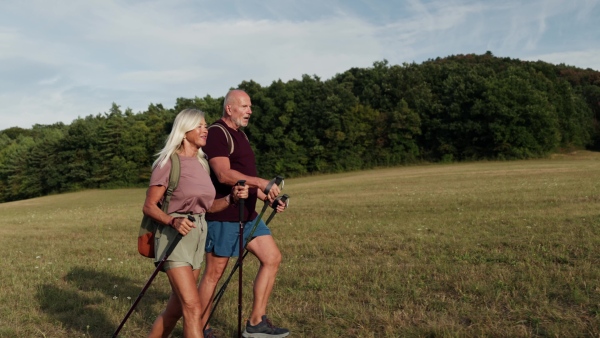 Active senior couple spending their free time outdoors, hiking in nature. Senior man and woman with trekking poles and backpack.