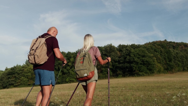 Active senior couple spending their free time outdoors, hiking in nature. Senior man and woman with trekking poles and backpack.