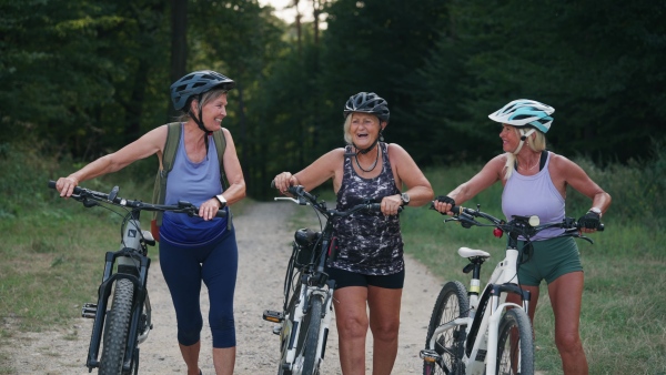 Three senior friends on their bike tour in nature, walking and pushing electric bicycle beside them.