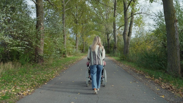 An autumn walk with wheelchair, disabled senior woman and her daughter spending a chilly, windy day outdoors in nature. Rear view.