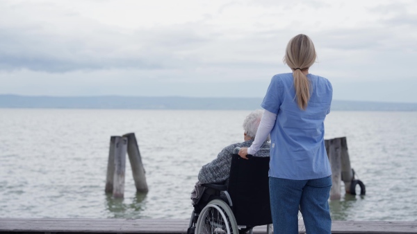 Disabled senior woman and her home caregiver spending a chilly, windy day outdoors by lake, looking at water. Autumn walk for elderly patient in wheelchair.