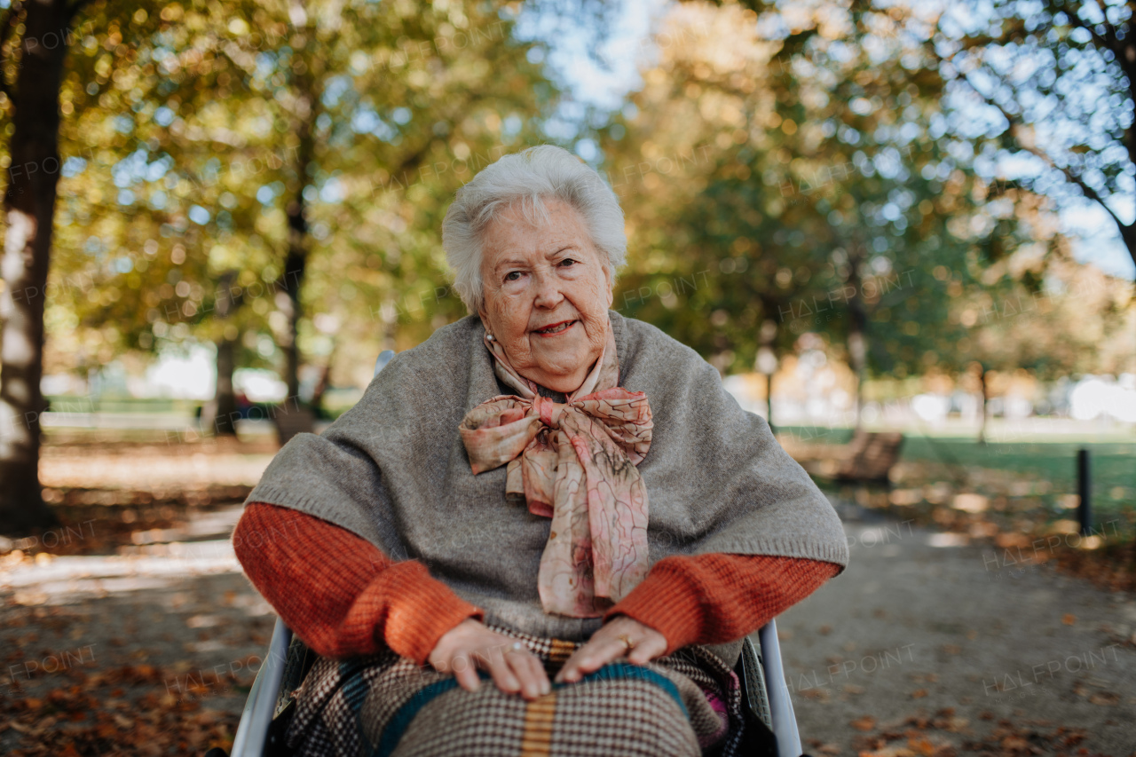 Portrait of elderly woman sitting in wheelchair, spending warm autumn day in city park.