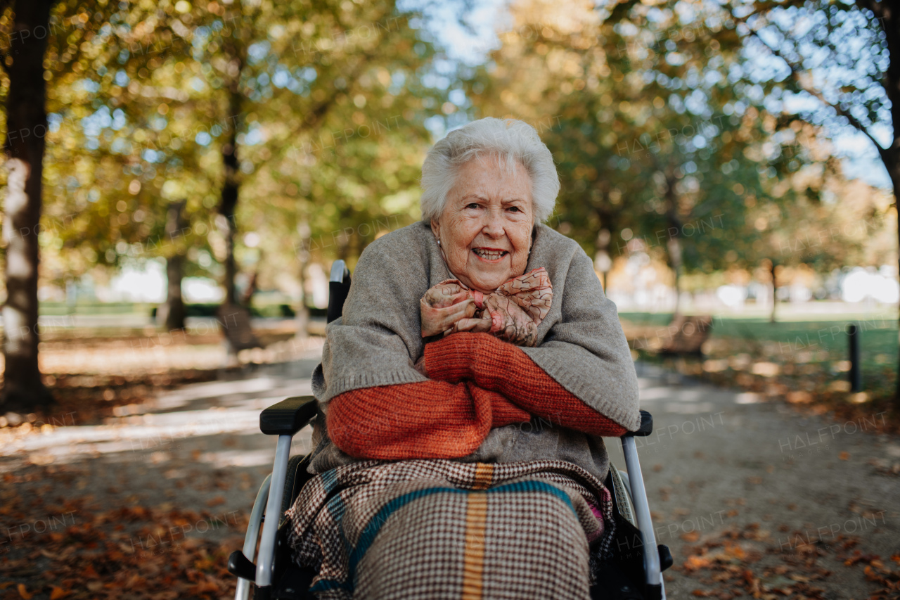 Portrait of elderly woman sitting in wheelchair, spending warm autumn day in city park.