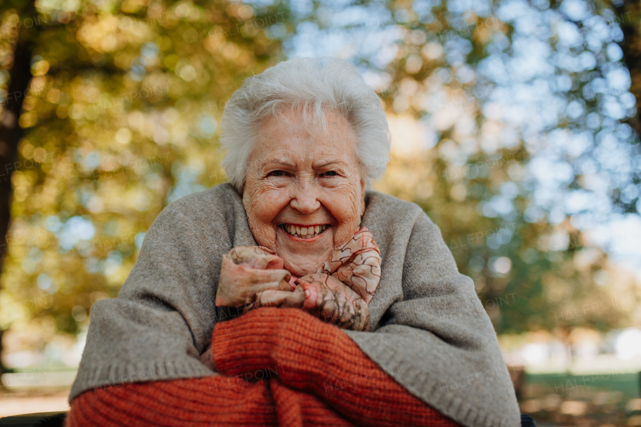 Portrait of elderly woman sitting in wheelchair, spending warm autumn day in city park.