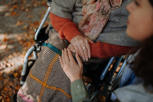 Disabled elderly woman in wheelchair holding hands with her caregiver