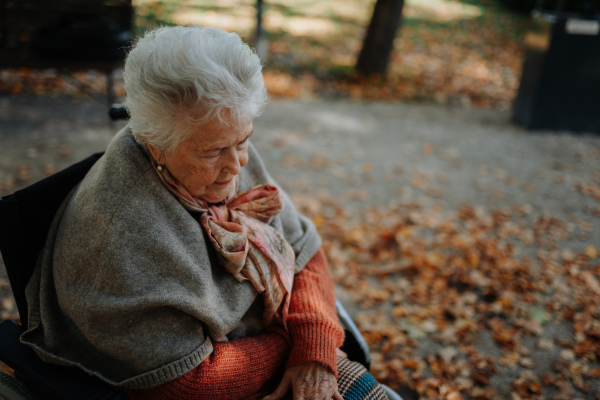 Portrait of old woman in wheelchair visiting cemetery during cold autumn day, feeling sad