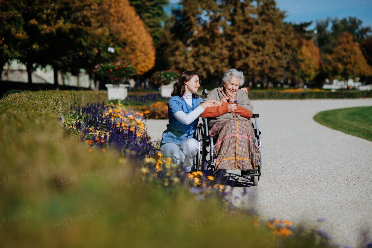 Disabled elderly woman in wheelchair on walk in the park during warm autumn day. Young nurse showing senior woman flower.