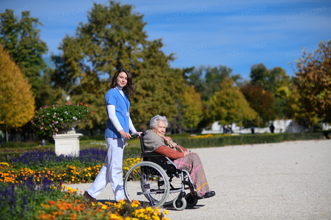 Disabled elderly woman in wheelchair on walk in park during warm autumn day. Young nurse pushing wheelchair, talking with senior woman.