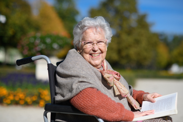 Portrait of elderly woman sitting in wheelchair and reading book. Semale senior spending warm autumn day in city park.