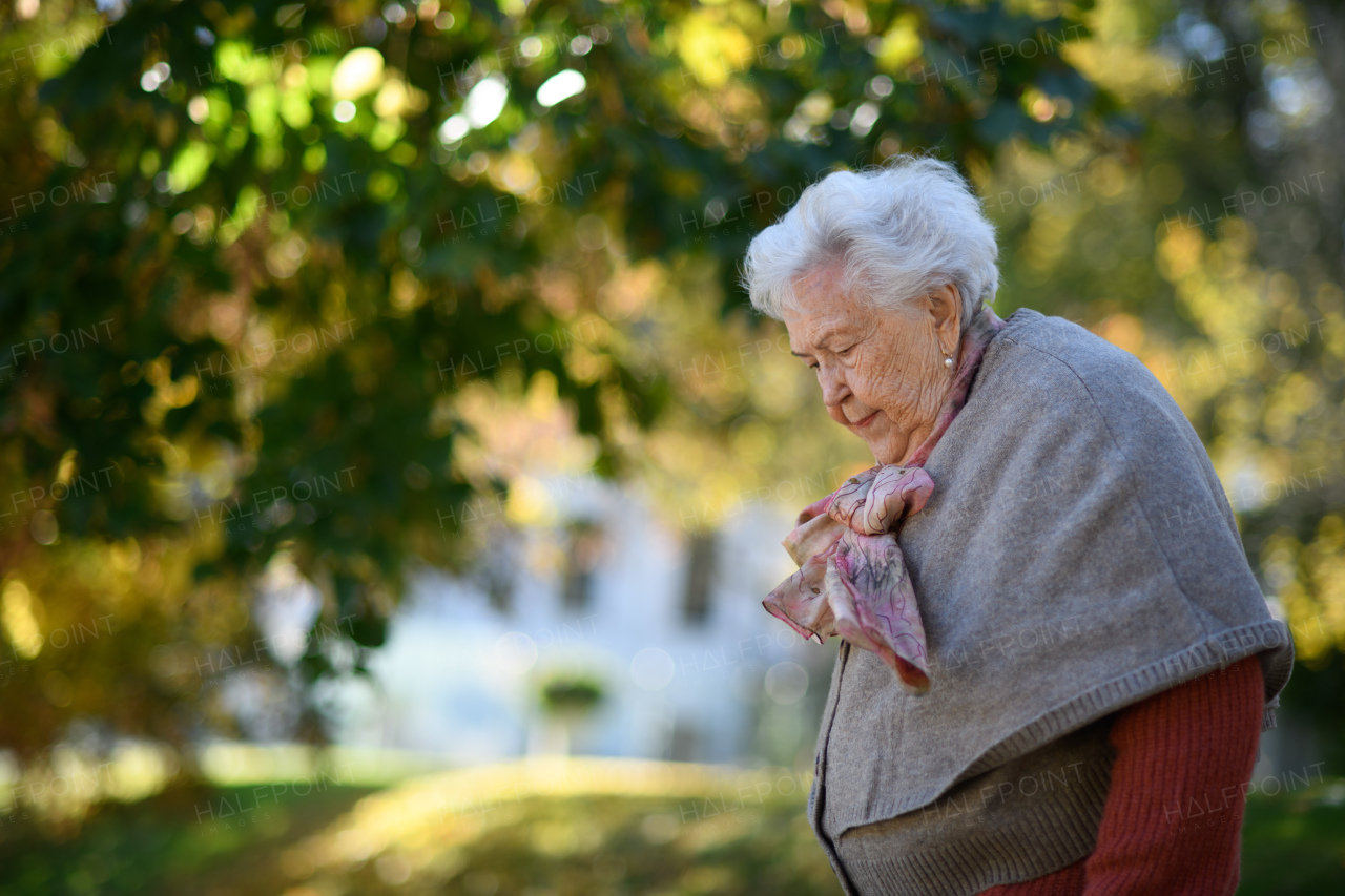 Portrait of elderly woman on walk in the park during warm autumn day