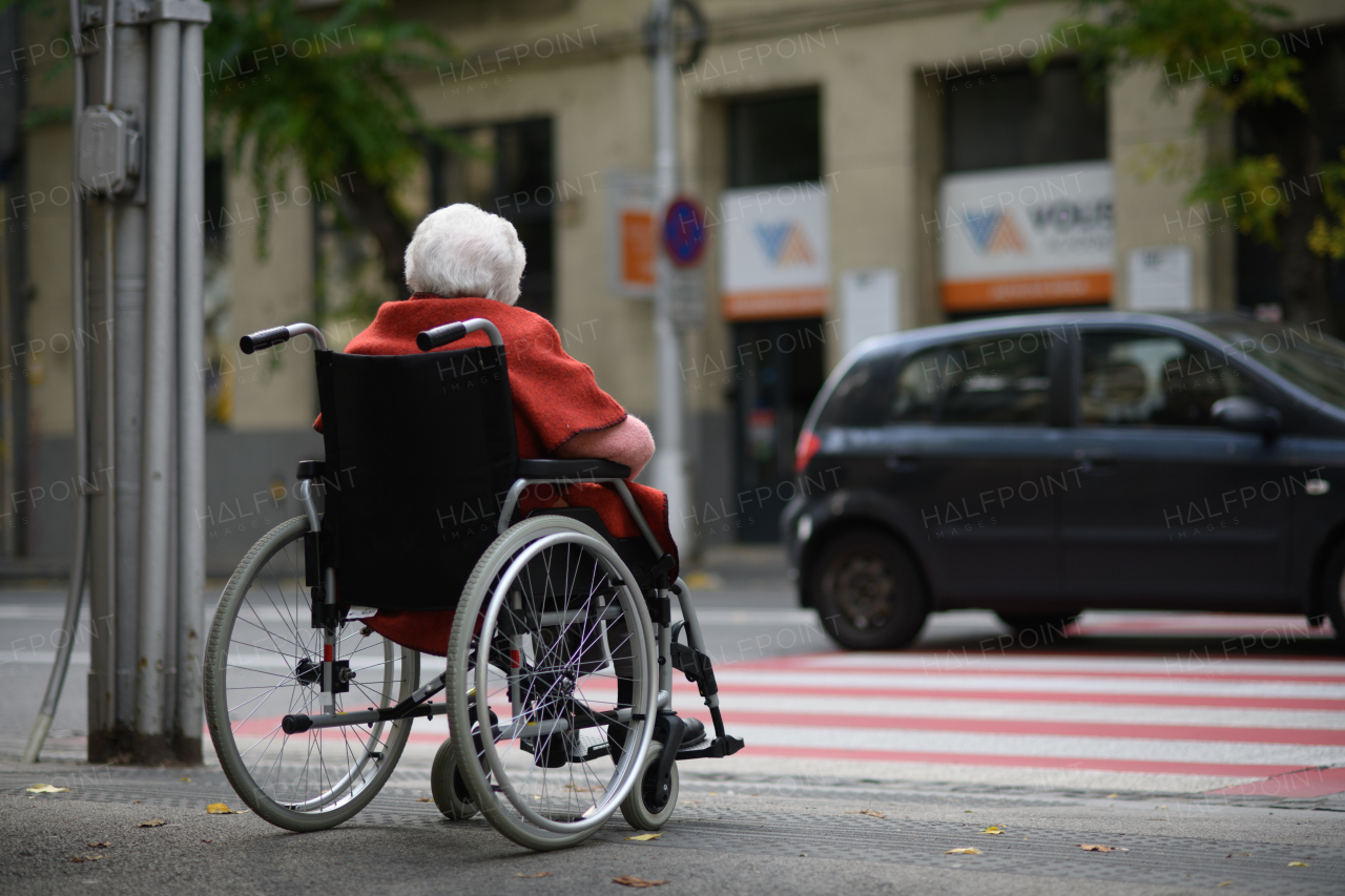 Disabled elderly woman in wheelchair waiting on crossroad. Rear view