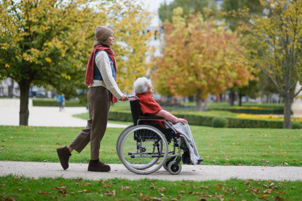 Granddaughter on an autumn walk in the park with her grandmother, pushing her in wheelchair.