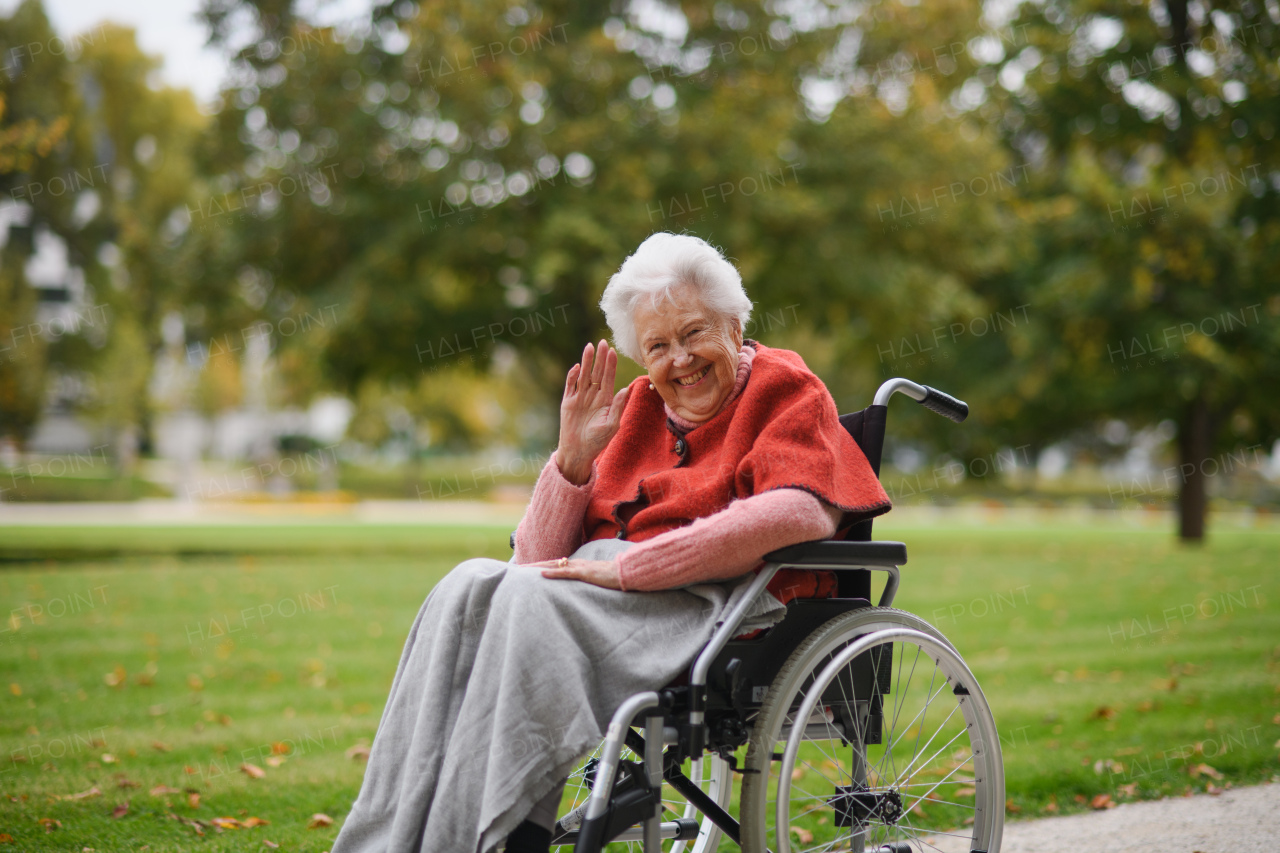 Portrait of elderly woman sitting in wheelchair, spending warm autumn day in city park.