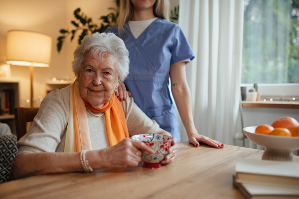 Caring healthcare worker visiting a senior patient at home. Lovely elderly woman sitting at table, looking at camera.