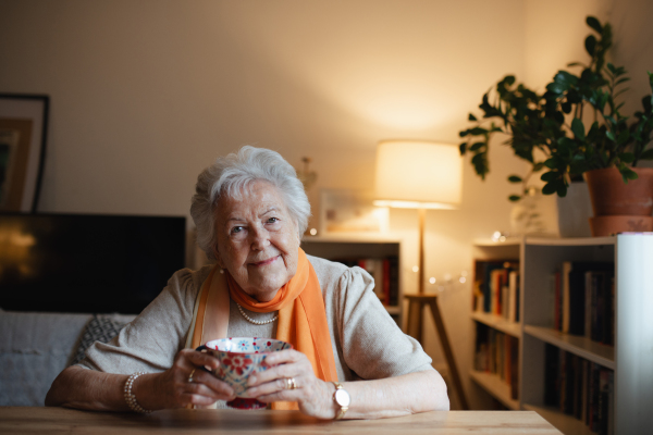 Lovely elderly woman sitting at the kitchen table and drinking a tea. Portrait of senior woman at home.