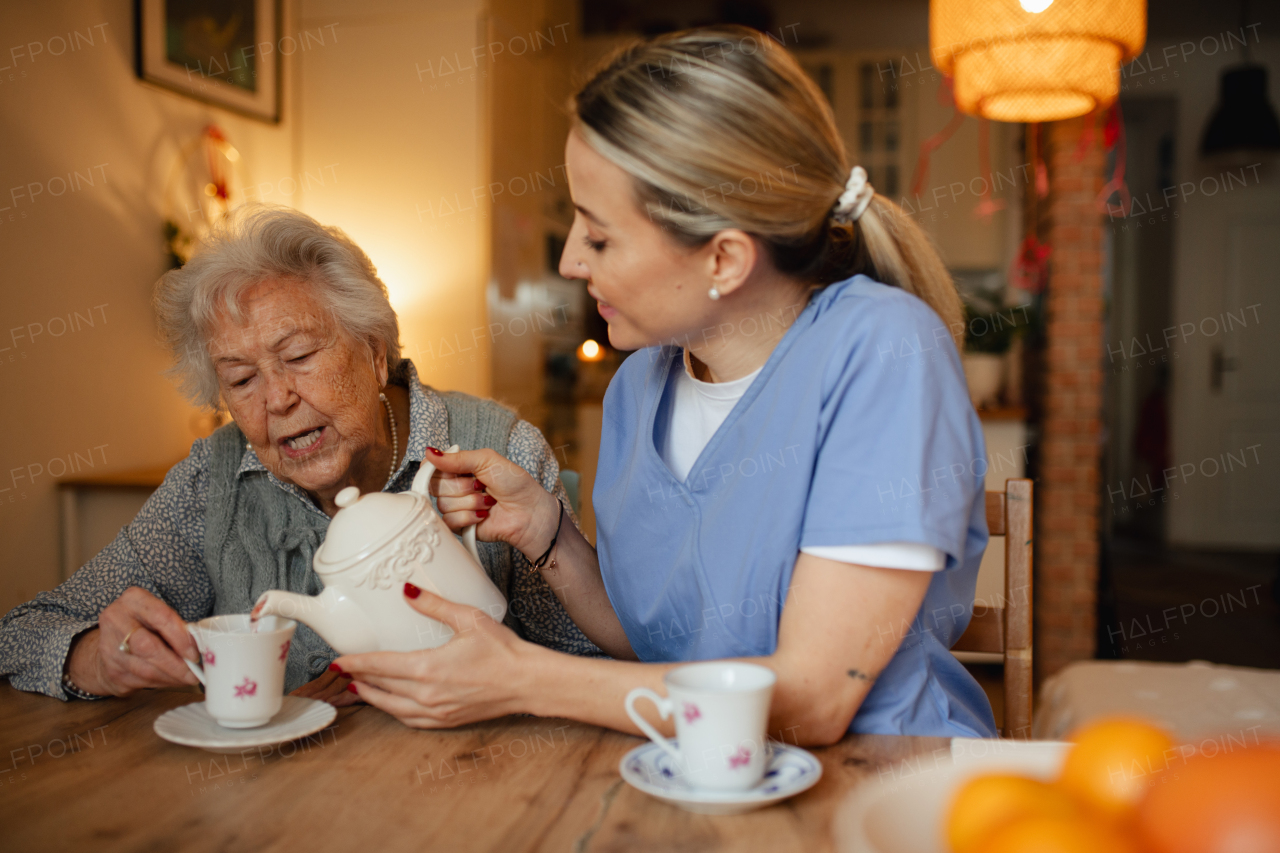 Lovely eldery woman serving tea to friendly caregiver.Home health care services.