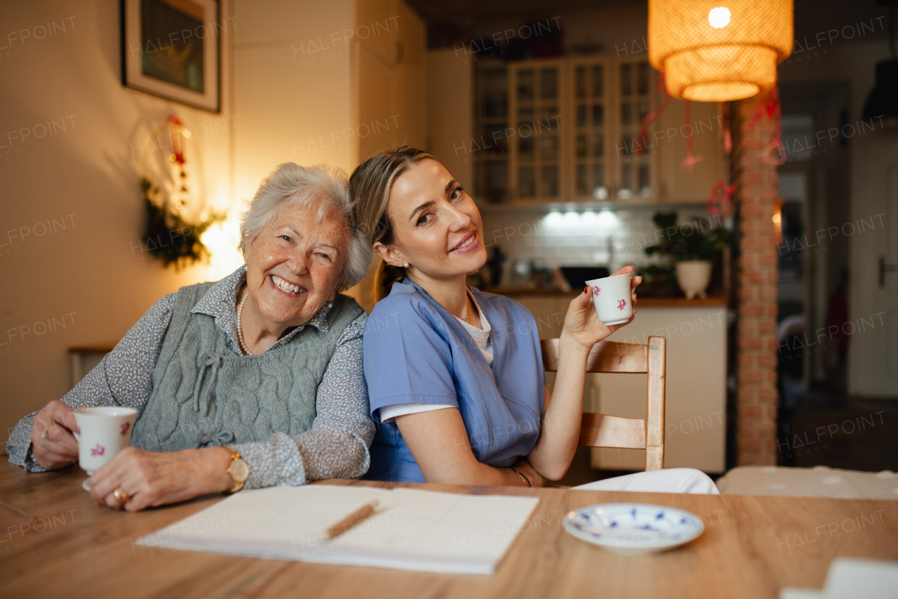 Lovely eldery woman serving tea to friendly caregiver. Home health care services.