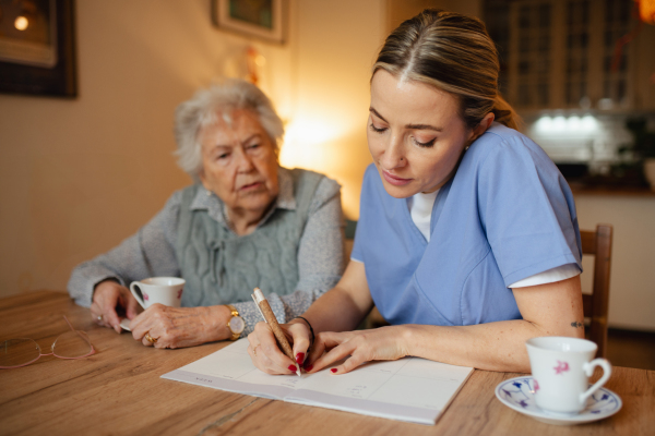 Social worker helping elderly lady with managing her finances and cworking on