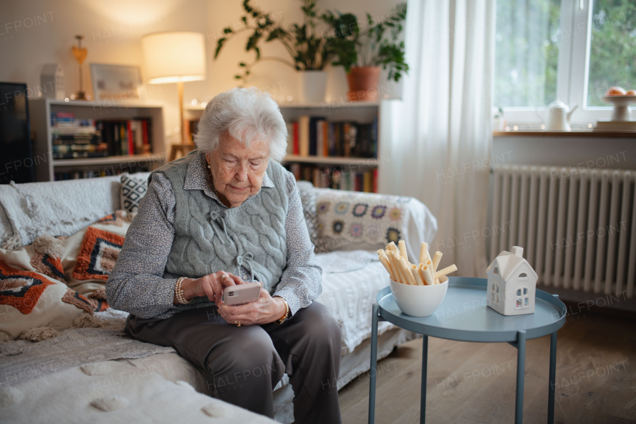 Portrait of senior woman sitting on sofa and texting. Elderly people using smartphones.